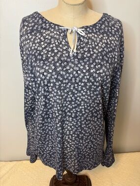 Gap Tie- Neck  Long Sleeve Floral Top - Navy & White Large